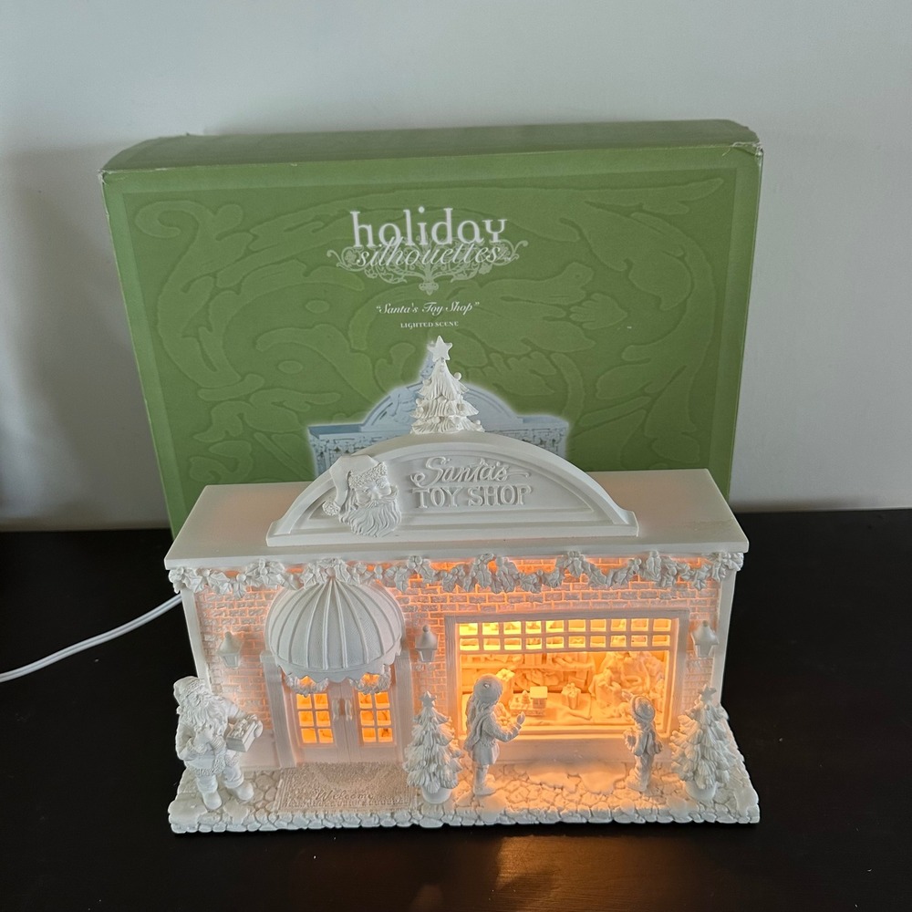 Dept 56 Holiday Silhouettes Santa's Toy Shop White Porcelain Christmas Village